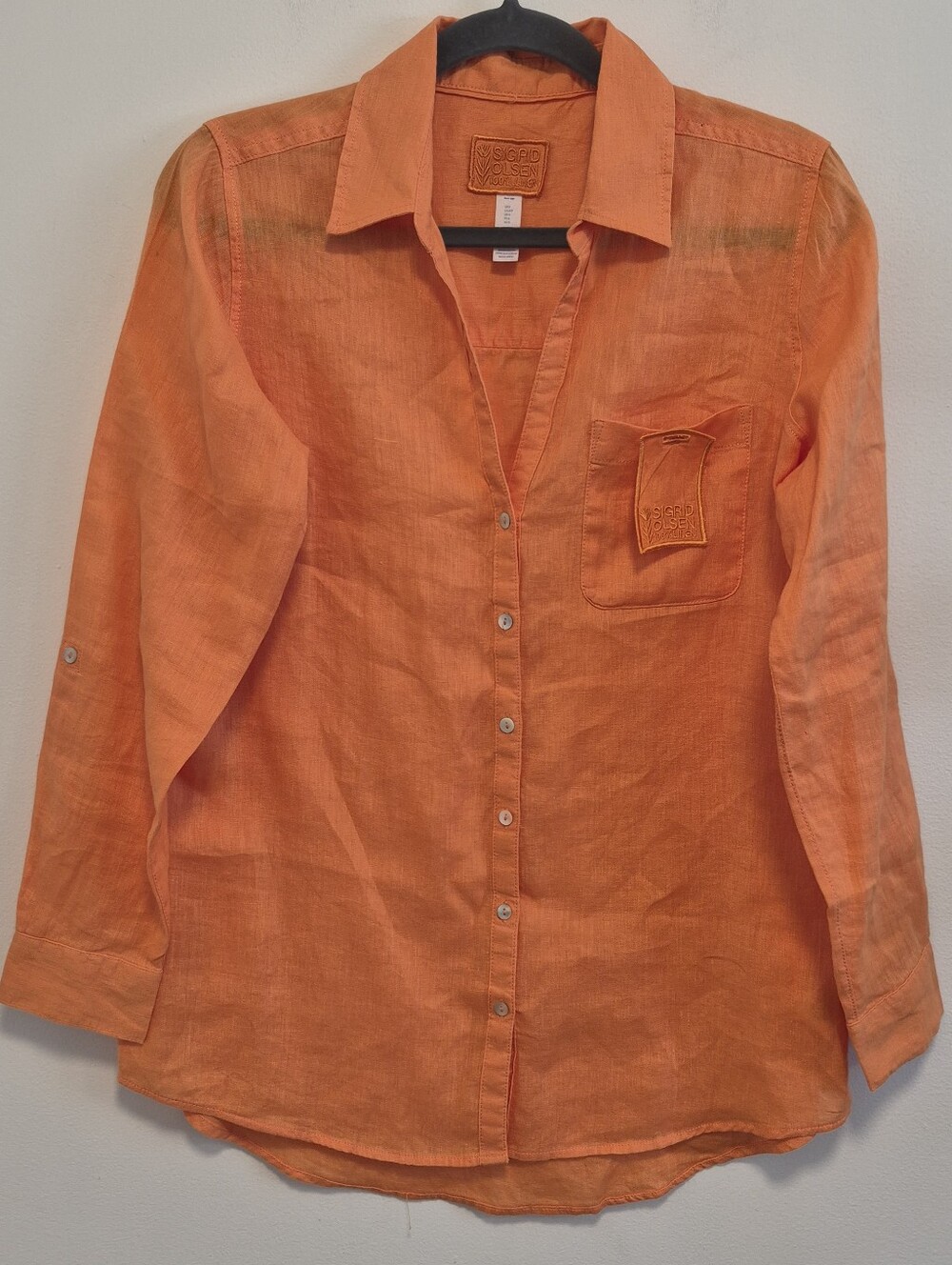 NEW Sigrid Olsen 100% Linen Button Up Shirt Orange Roll Tab Sleeves Women’s Sz S - Picture 2 of 11